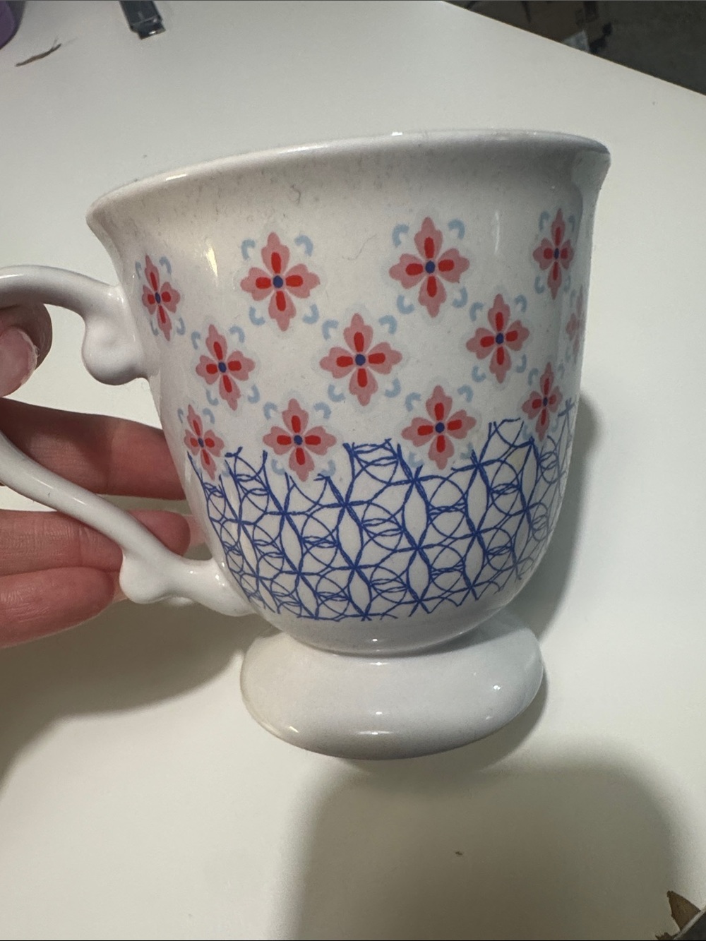 Floral  Pedestal Mug in White, Blue & Coral